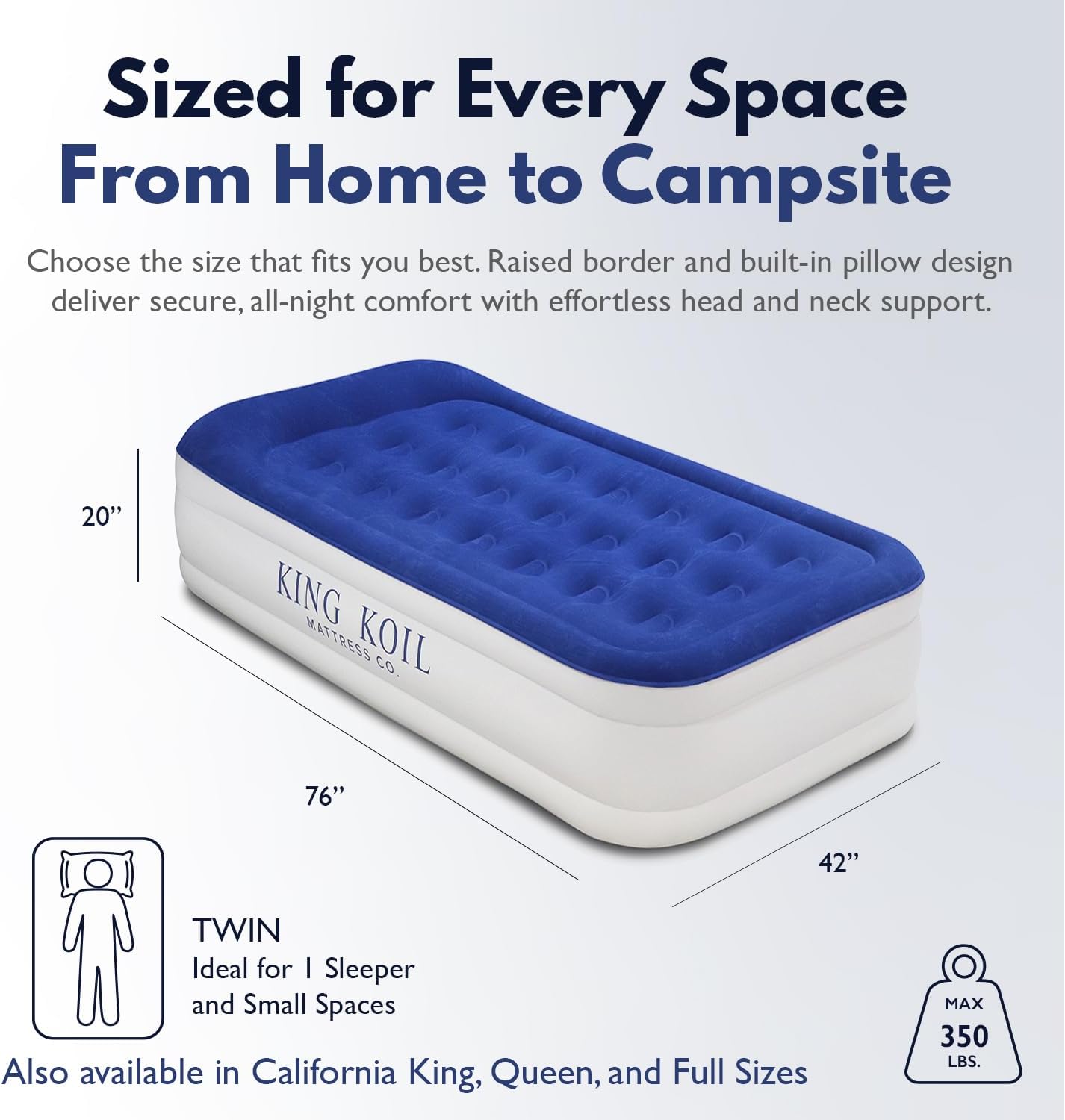 king koil luxury twin air mattress with built-in pillow top & integrated high-speed patented pump – 20" inflatable twin blow up airbed for camping, home & guests, waterproof, 1-year warranty blue twin 20"