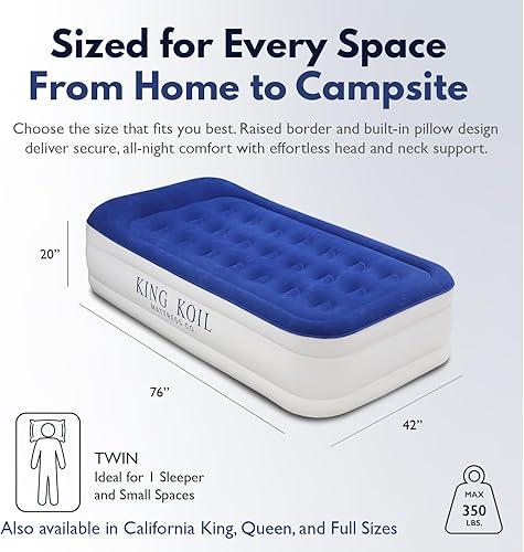 Miniatura 2 de King Koil Colchón de aire individual de lujo con parte superior de almohada integrada y bomba patentada de alta velocidad integrada, colchón