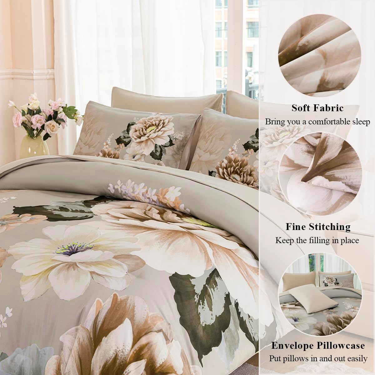Queen Bed Comforter Set Khaki Floral Bedding Sets Floral Bed Sets for Women Gorgeous 7 Pieces Bed in A Bag with Peony Pattern(Khaki, Queen) - Image 6