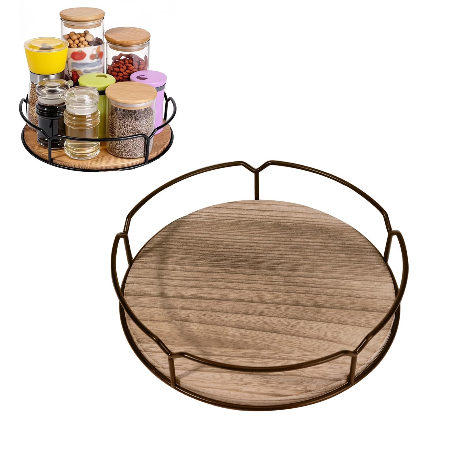 Plateau tournant à épices rotatif à 360° antidérapant Lazy Susan, étagère à épices Lazy Susan, étagère de rangement en bois, avec bord supérieur pour le rangement des épices, armoire, salle de bain