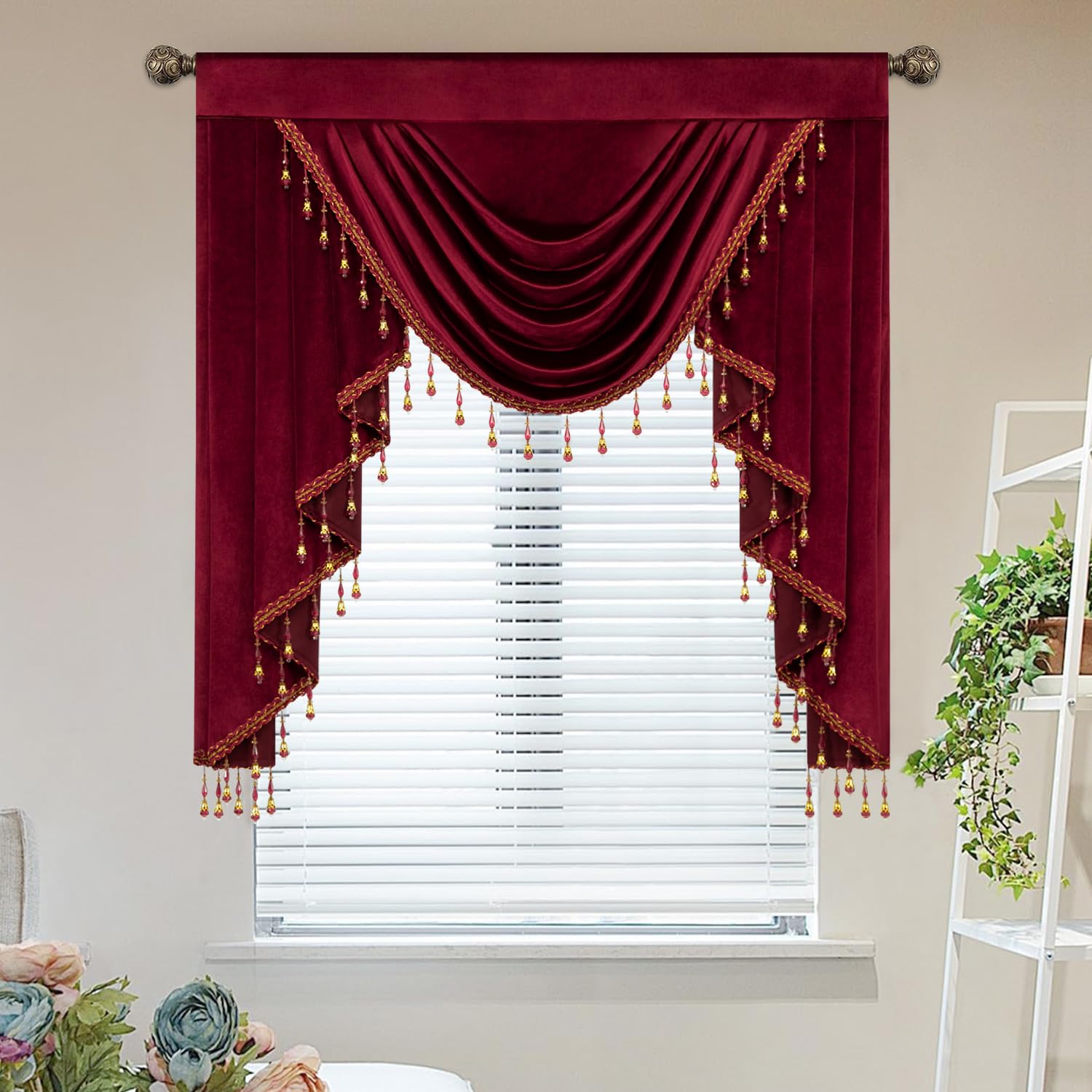 Leeva Red Velvet Waterfall Valance, Extra Wide 138x43 Inches Vintage Swag with Crystal Accents, Vintage Luxury Drapes for Banquet Window Treatments