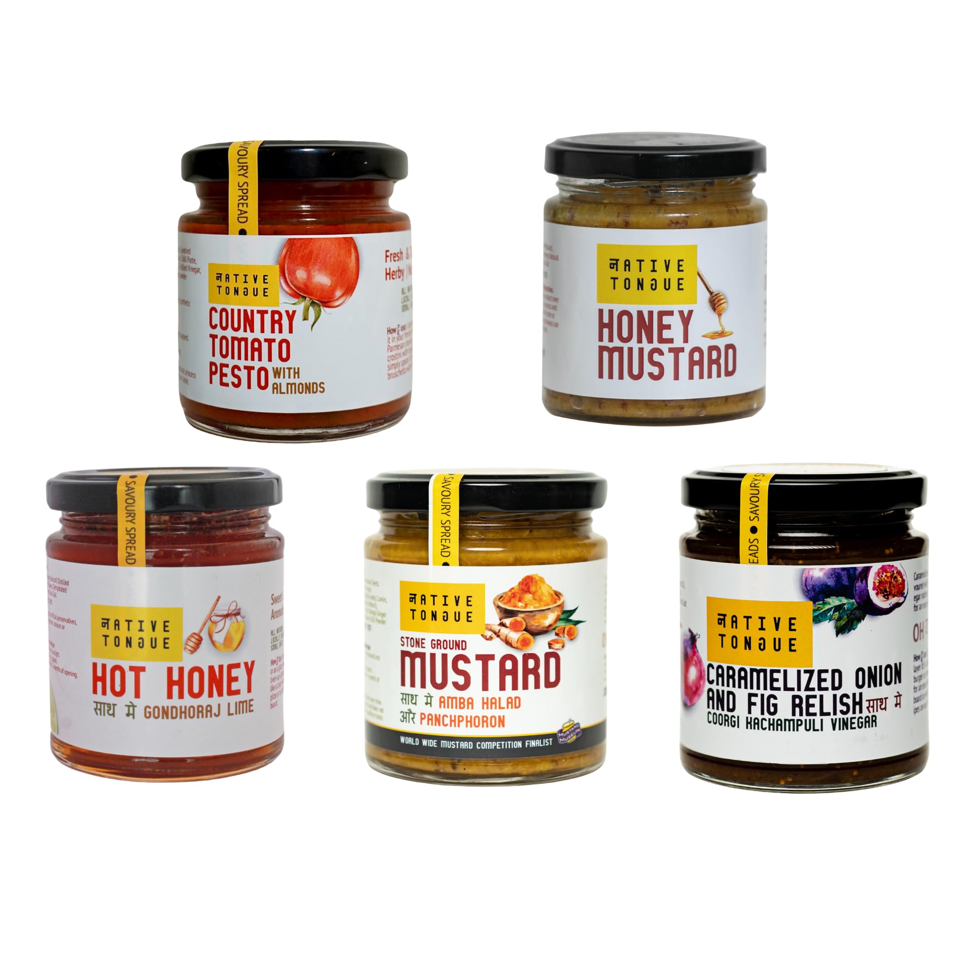 Native Tongue | Mini Trial Packs Savoury Spreads | Stone Ground Mustard with Amba Halad and Panchphoron Spices | Hot Honey with Byadgi Chilli | Flakes and Gondhoraj Lime | Caramelized Onion and Fig Relish with Kachampuli Vinegar | Tomato Almond Pesto | Honey Mustard | 30g X 5 Mini Jars-picture-11