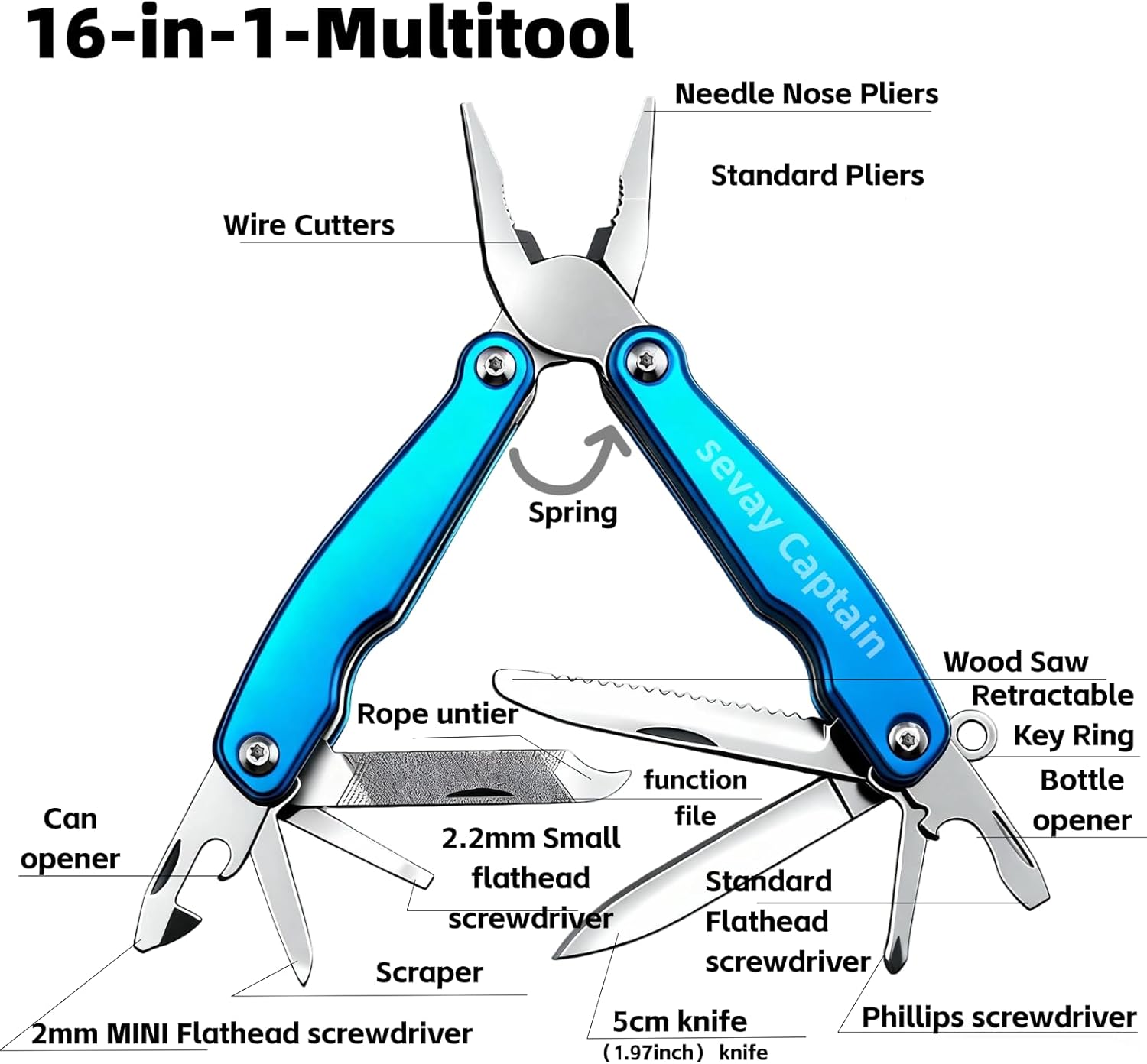 16-in-1 Mini Multitool Pliers: Stainless Steel Folding with Knife, Spring-Loaded Needle Nose, Wire Cutter, Saw, Screwdrivers, Opener - 115g Lightweight EDC Gear with Nylon Sheath.