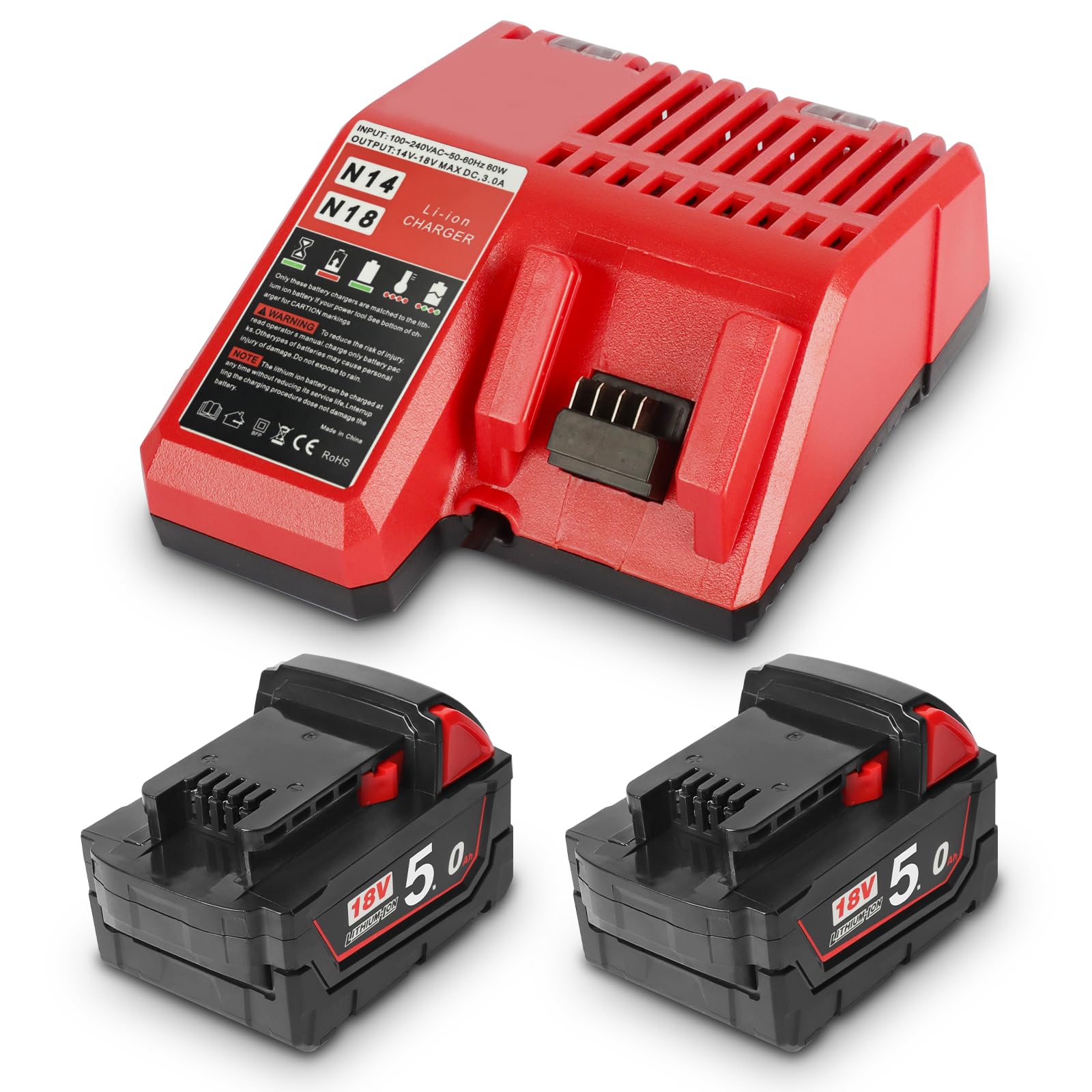 2x18V 5.0Ah Batteria Caricabatterie Kit Compatibile Con Milwaukee | Caricabatterie Rapido M18 compatibile con Milwaukee batterie 48-11-1815/1820/1828/1840/1850/1852/1860