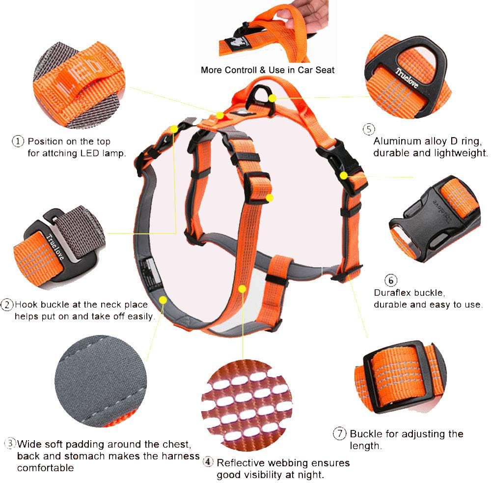 TRUE LOVE Dog Harness Adjustable Reflective Durable Padded Pet Vest with Handle Car Trip Outdoor TLH6171