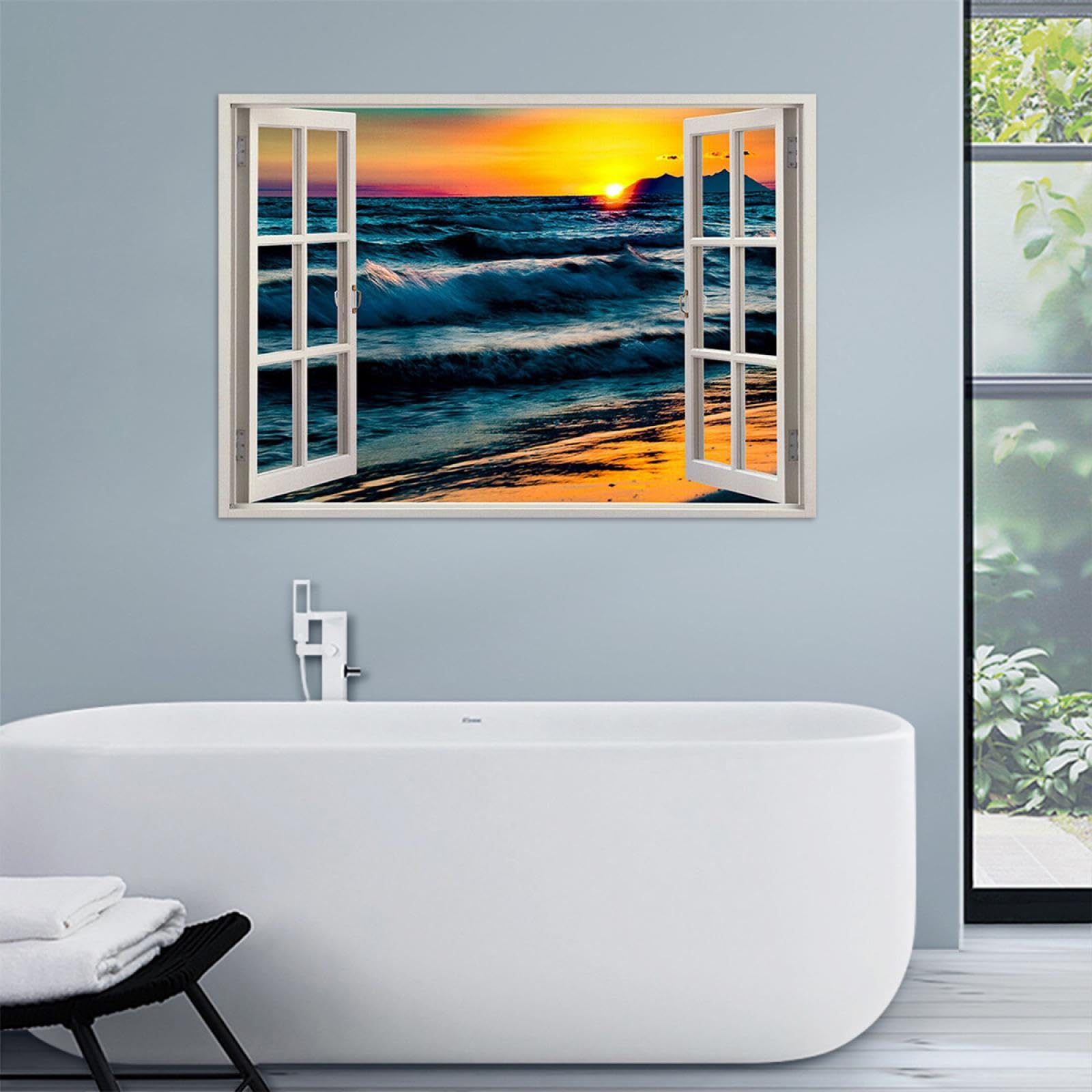 SDYSKKUG Fensterblick Bild. Meer wellen Sonnenuntergang. Landschaftsbilder Druck auf Leinwand. Wandbilder Wohnzimmer Wanddekoration 115x80cm Ungerahmt