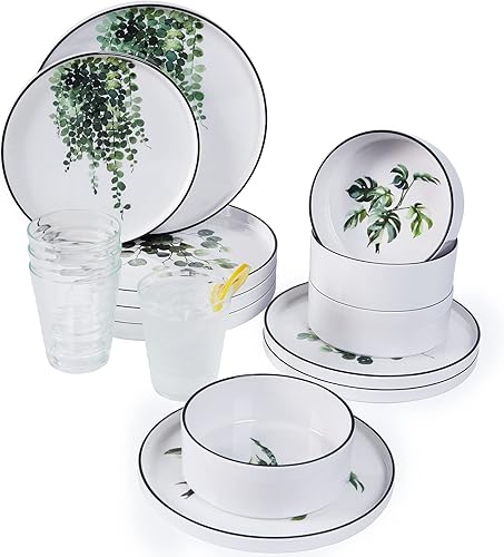 Zog - Juego de vajilla de melamina para 4  16 platos de camping con platos de cena, platos de ensalada, tazas y tazones. Ligero e irrompible (flor1)