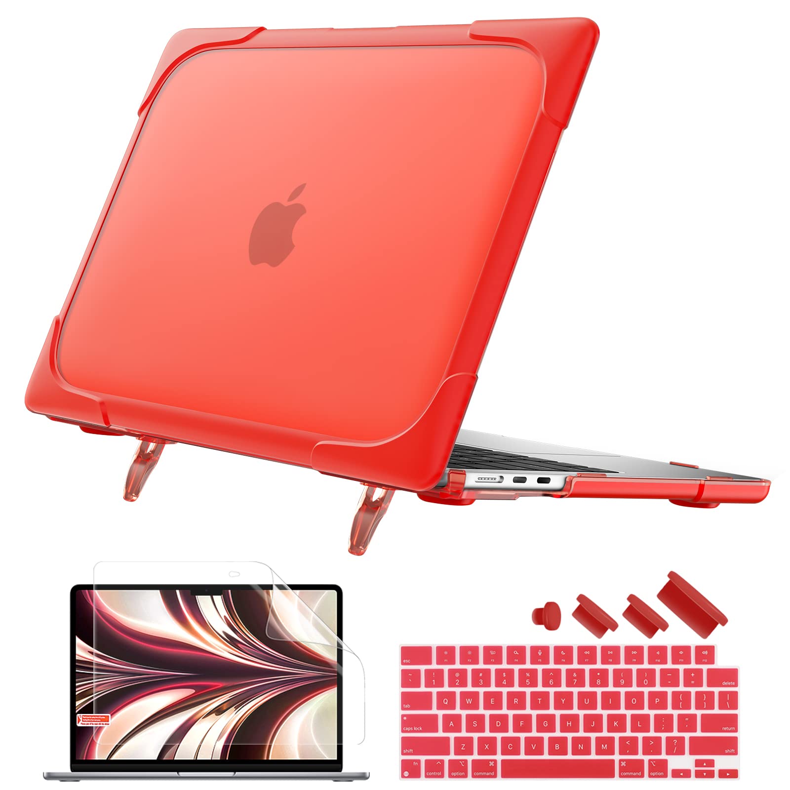 Batianda Per MacBook Air M2 da 13,6 pollici 2022, custodia rigida protettiva antiurto resistente con cavalletto pieghevole e protezione schermo per tastiera per MacBook Air 33 cm modello A2681, rosso