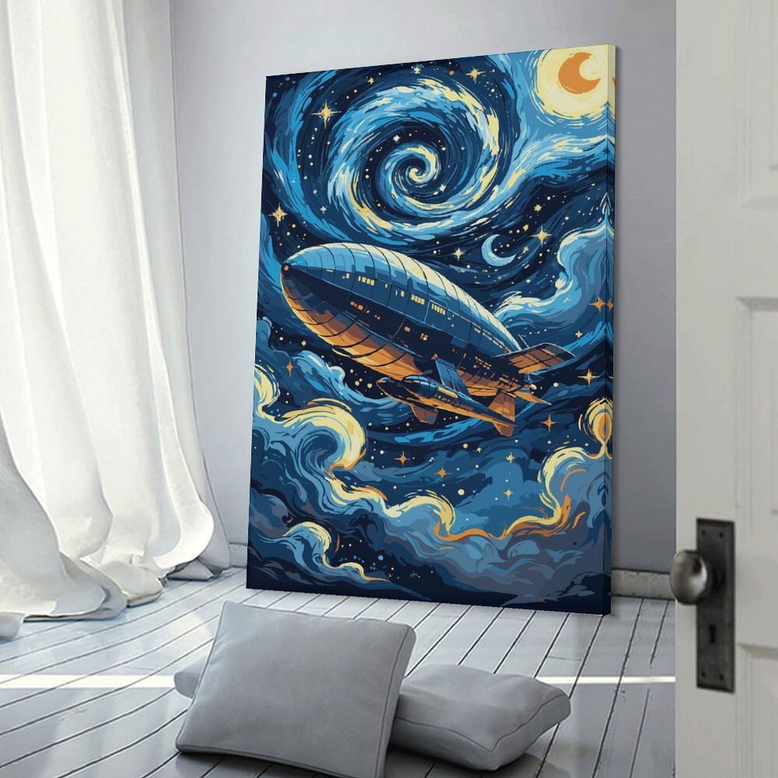 Junmoney Airship in Starry Night Sky Canvas Wall Picture 20x30inch(50x75cm), for Living Spaces, Bedrooms Or Relaxed Rooms, Modern Wall Decor for Cosy Interiors