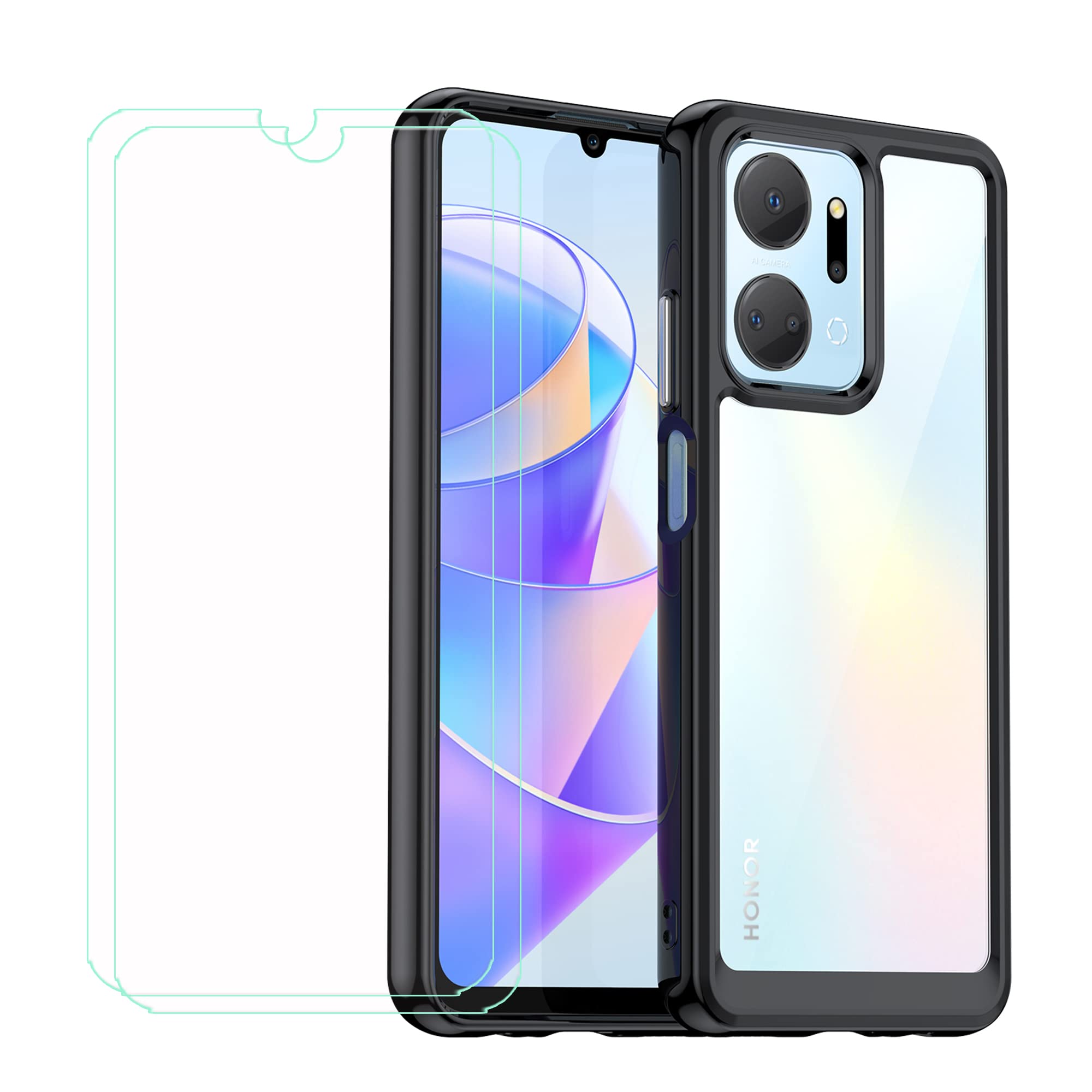 Custodia per Honor X7A, Morbido TPU Silicone Case Gel Sottile Cover + 2 Pellicola Protettiva in Vetro Temperato per Honor X7A (6,75)-MFXC - Nero