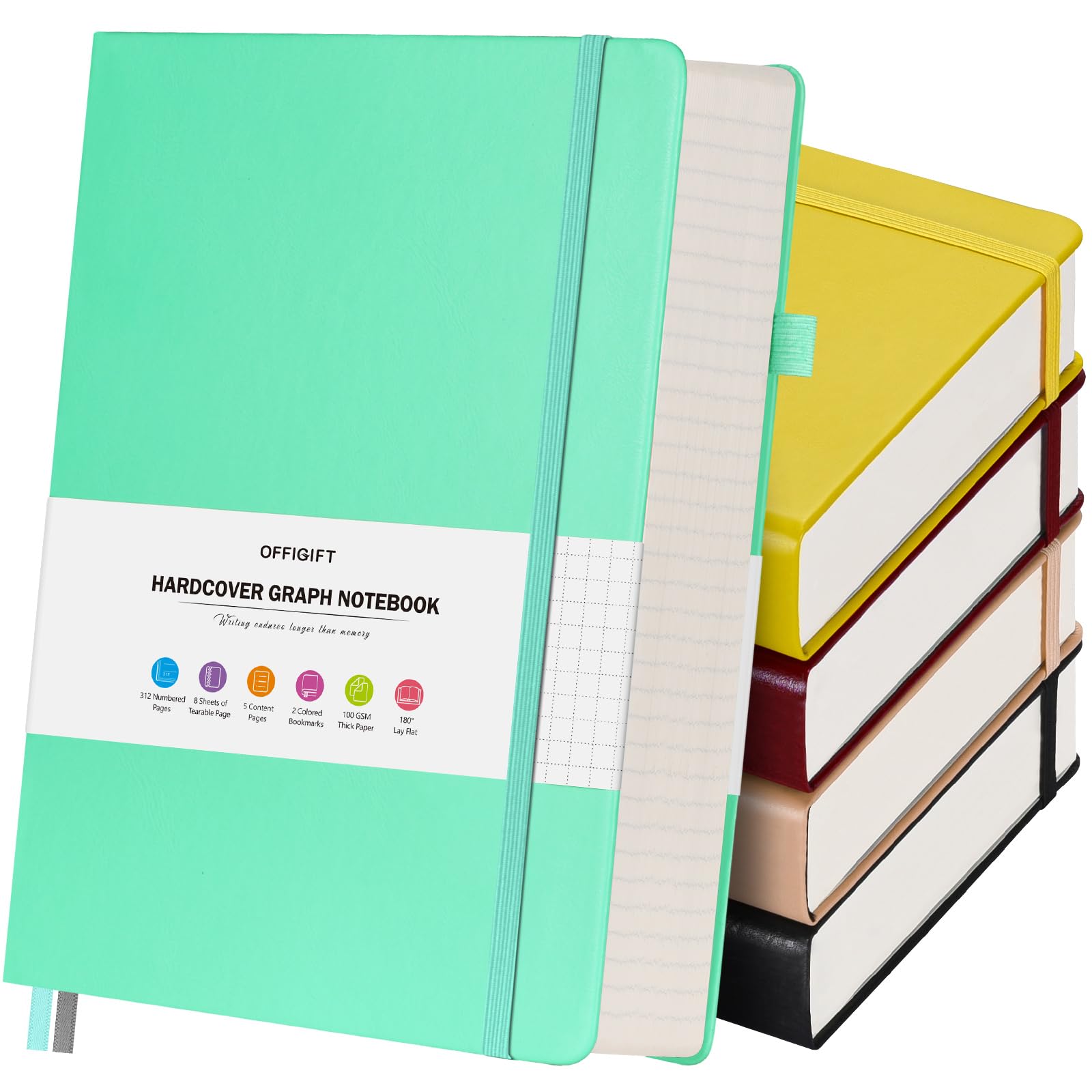 5 Pack Graph Paper Notebook, 312 Numbered Pages Graph Notebook Bulk, 100gsm No Bleed Grid Paper Notebooks for Work, Hardcover Leather Journal, Squared Grid Notebook for Graphing Notes Math, Multicolor