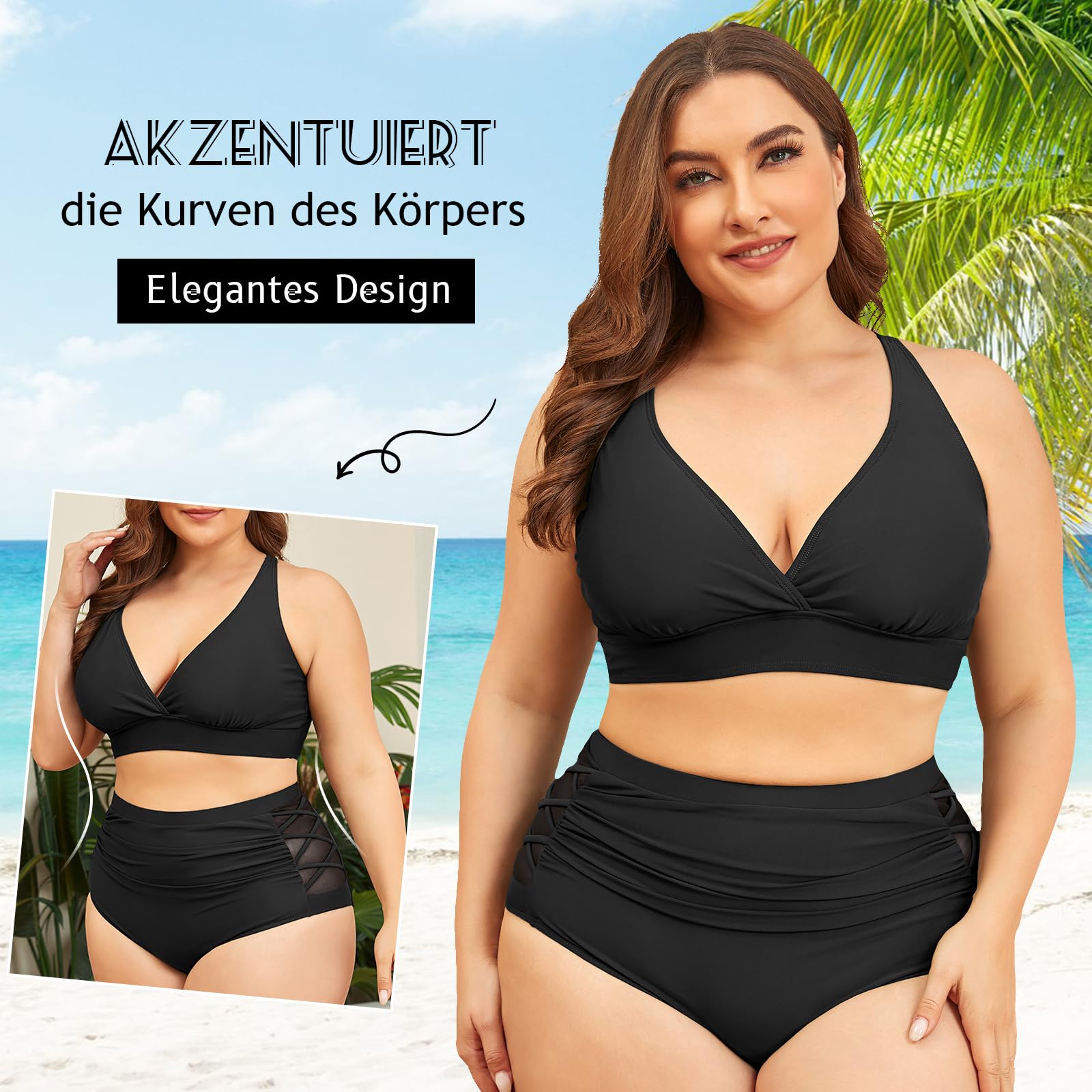 PONCEAU Bikini Damen Set Bauchweg High Waist - Push Up Bikini Oberteil für Große Brüste V-Ausschnitt Große Größen Plus Size Curvy Bademode