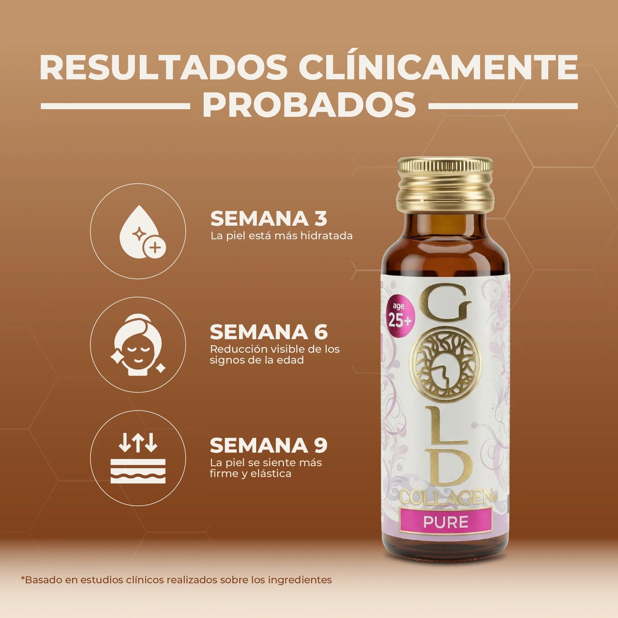 GOLD COLLAGEN Pure - Complemento Líquido de Colágeno Marino Hidrolizado para Cabello, Piel y Uñas Antiarrugas y Sistema Inmunológico con Vitamina C E B6 Ácido Hialurónico Biotina Zinc, 1 Caja 10x50 ml