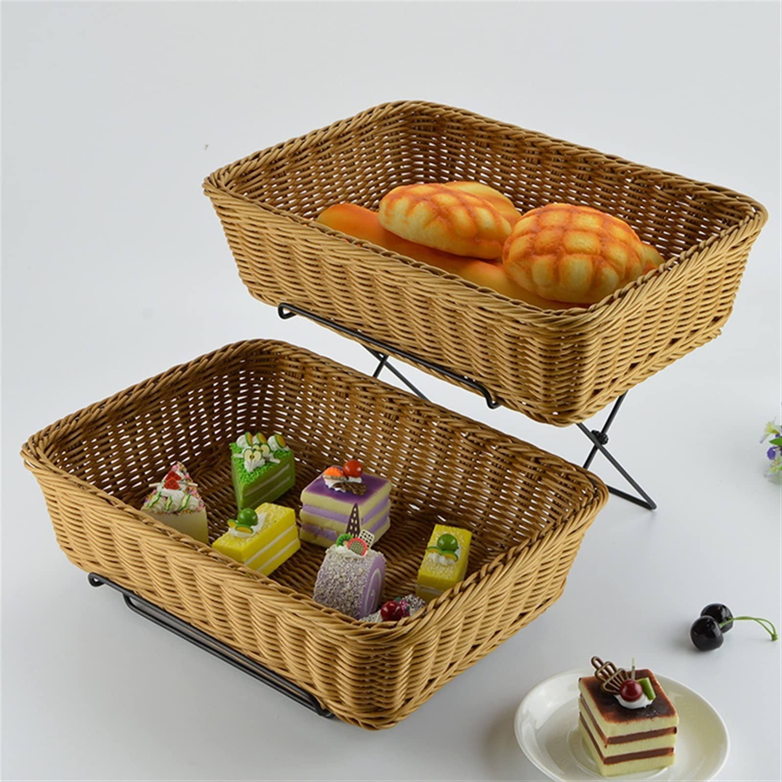 Cesto for Frutta a Doppio Strato Cesto for Esposizione del Pane Vassoio for Pasticceria a Buffet a Due Strati Tessitura Creativa