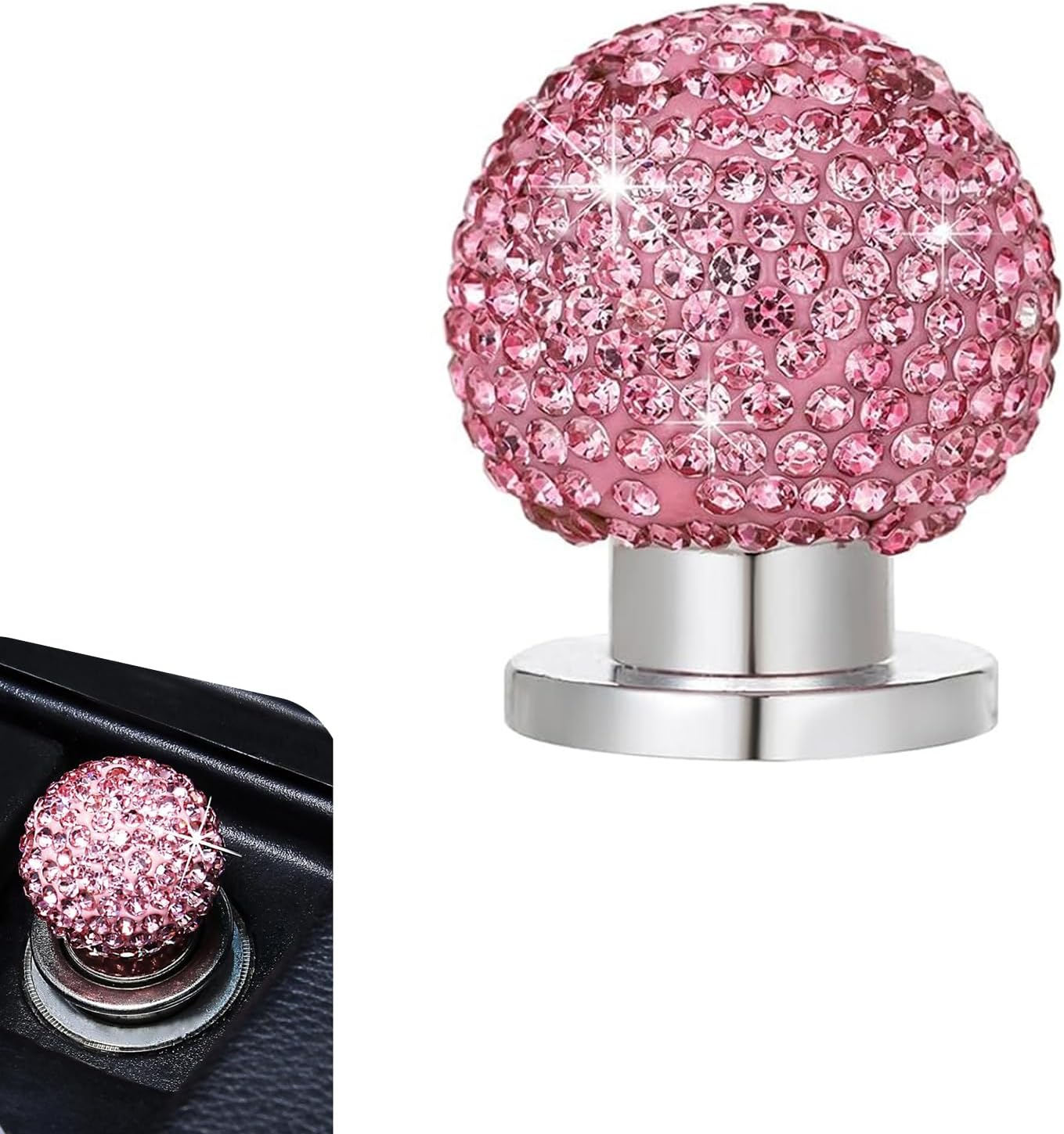 1 PC Bling Car Engine Start Button Cover, Crystal Rhinestone Round Ball Push Start Button Decoration, Men & Women Shiny Ignition Knob Sticker, Universal for Most Cars (Pink)