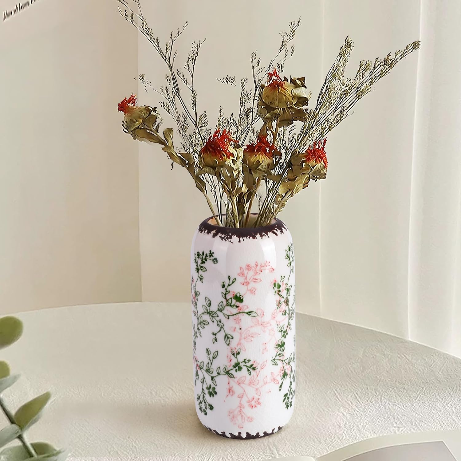Ceramic Vase for Flowers – Modern Small Ribbed Textured Flower Vase for Home Decor, Pampas Grass, Decorative, Farmhouse, Coffee Table, Kitchen Centerpieces, Bookshelf and Home Living (Green and Beige) image 2