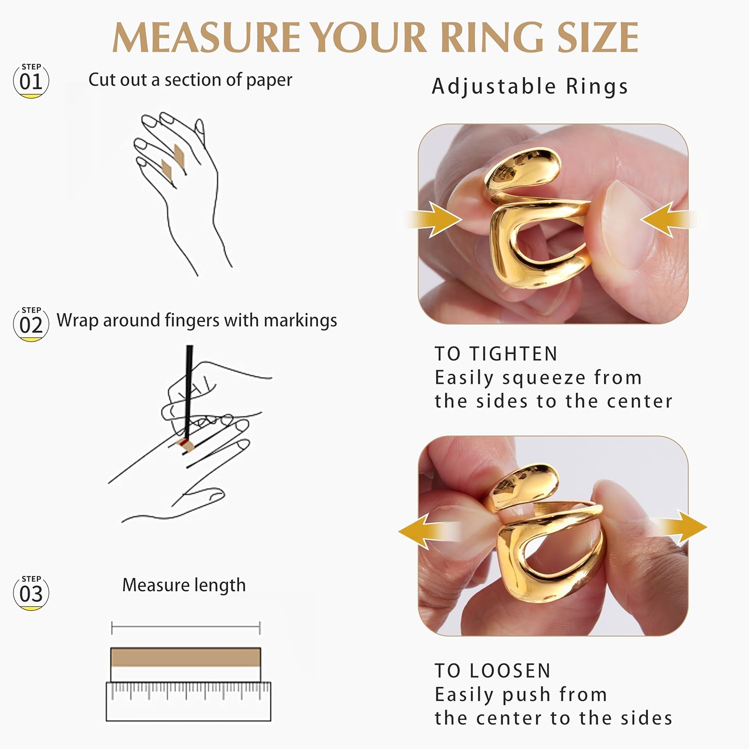 Gelbesty Waterproof Gold Statement Rings for Women, 14K Gold Chunky Open Stackable Rings Non Tarnish Fashion Adjustable Stainless Steel Pinky Knuckle Signet Vintage Ring Jewelry Size 5-11 - Image 5