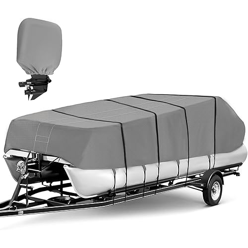 Obcursco Pontoon Boat Cover,16-19 ft 600D Elastic Heavy Duty Waterproof with Motor Cover Resistant Oxford for Pontoon Deck Boats Accessories with Adjustable 14 Tie Down Straps (16-19ft,Gray)