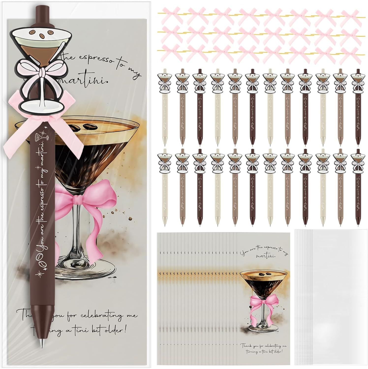 Sinload 48 Sets Espresso Martini Gifts Bulk Martini Pens with Cocktail Greeting Cards a Tini Bit Older Birthday Gifts for Women 21st 25th 30th Birthday Wedding Graduation Summer Party Supplies