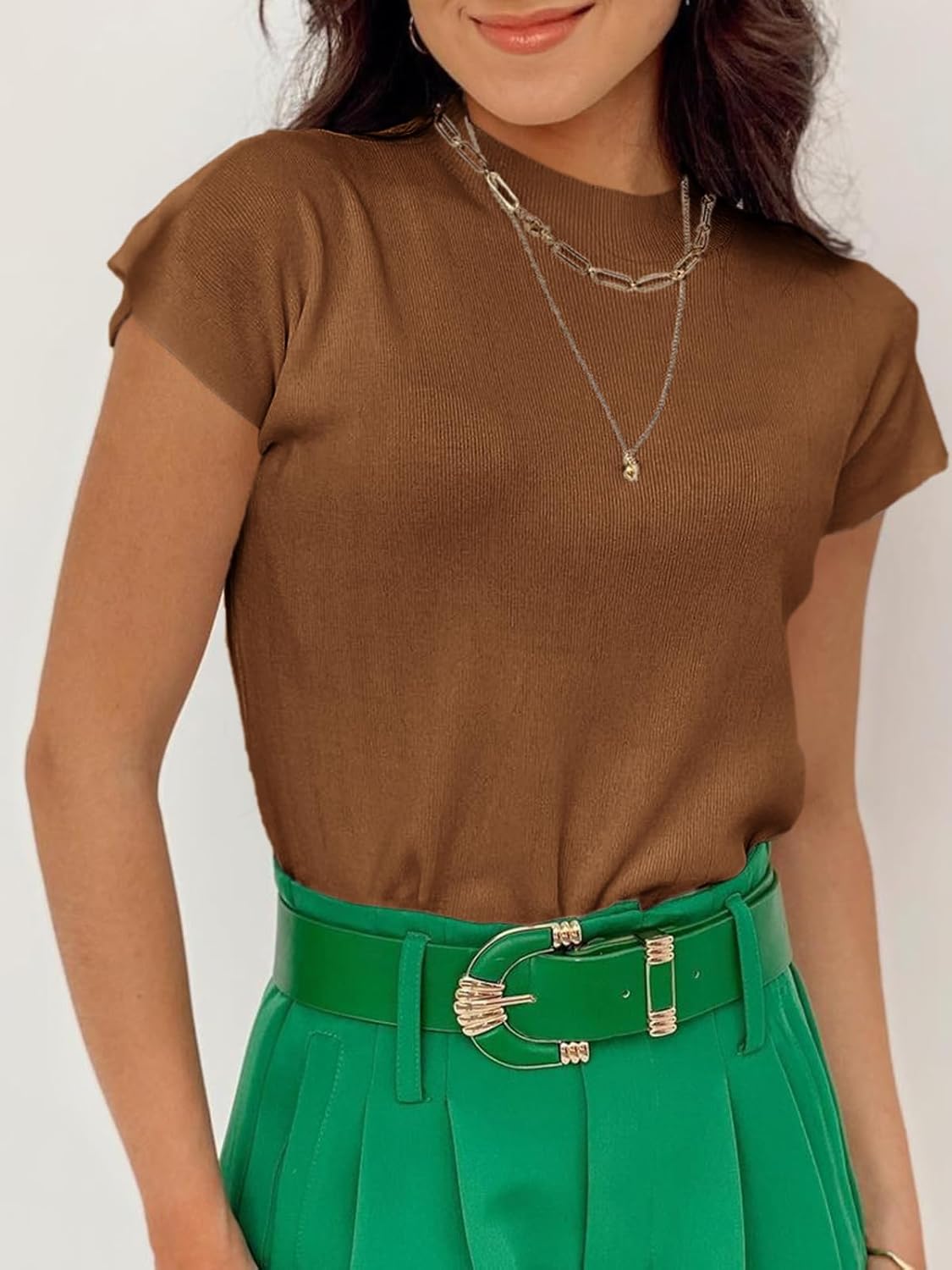 Saodimallsu Womens Short Sleeve Sweater Mock Neck Summer Casual Basic Knit Slim Fitted Pullover Tops Shirt - Image 4