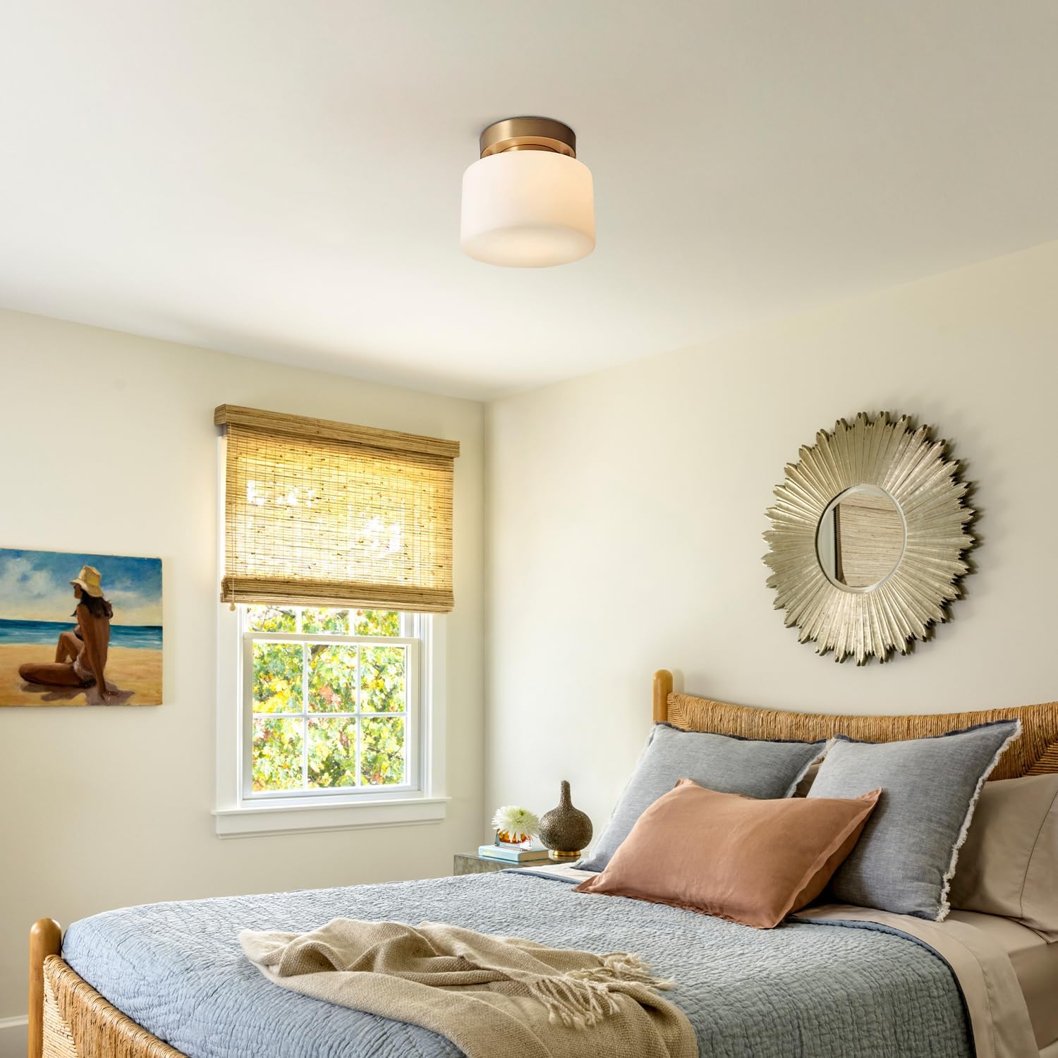 KCO Lighting Modern Brushed Gold Semi Flush Mount Drum Ceiling Light Fixture Mid Century Antique Brass Flush Mount Ceiling Light Milk Glass Hallway Light