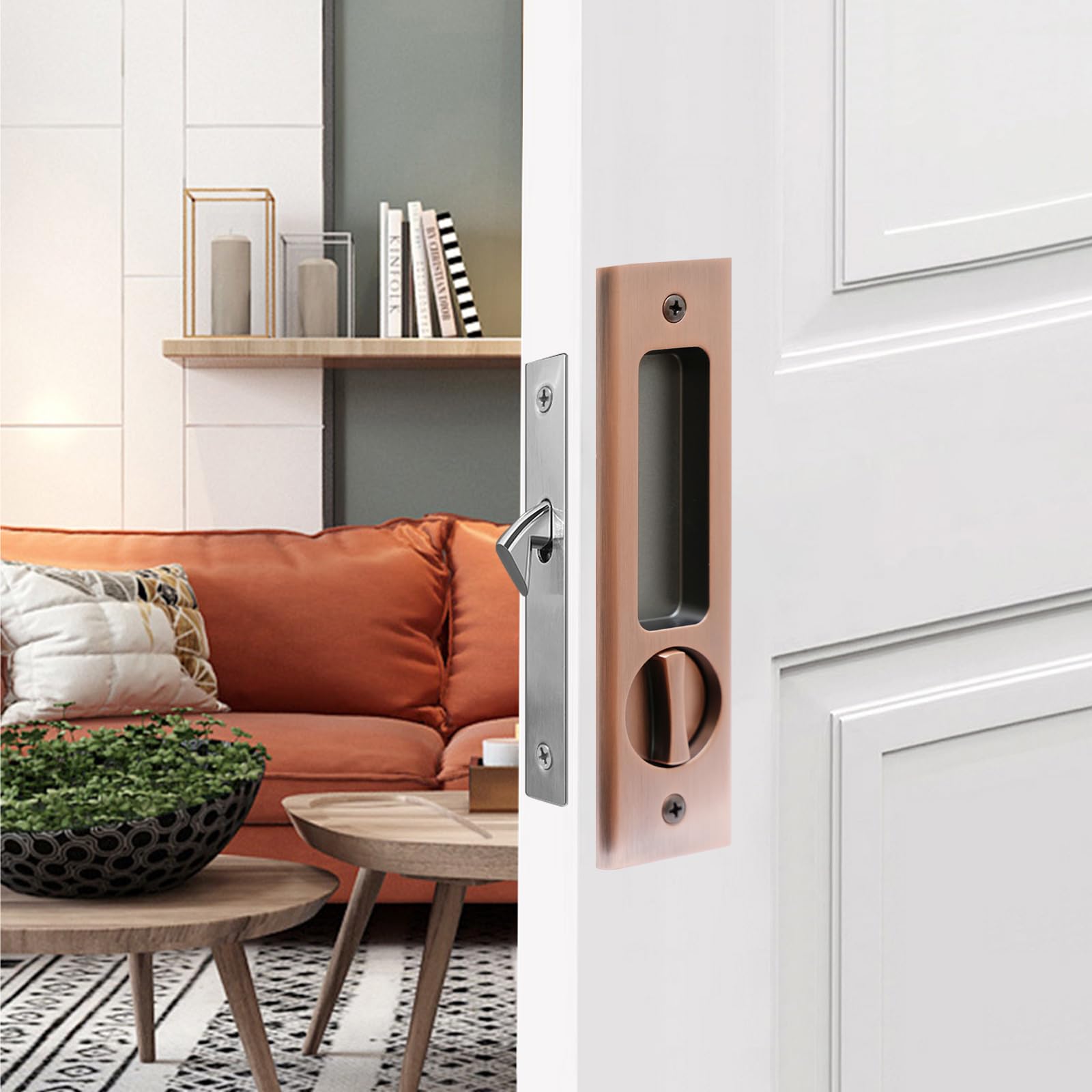 mvuenleyog Sliding Pocket Door Lock,Sliding Door Latch with Turn Knob for Interior Wooden Door,6.3in/160mm,Invisible Recessed Door Handle (Red Bronze) - Image 3