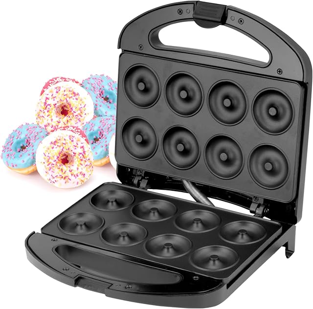 Geepas 750W Doughnut Maker Machine, 8 Hole - Stainless Steel Donut Maker, Non-Stick Doughnut Snack Maker Machine - Makes Crispy Golden Fresh 8 Pcs Of Doughnuts In One Go  2 Years Warranty