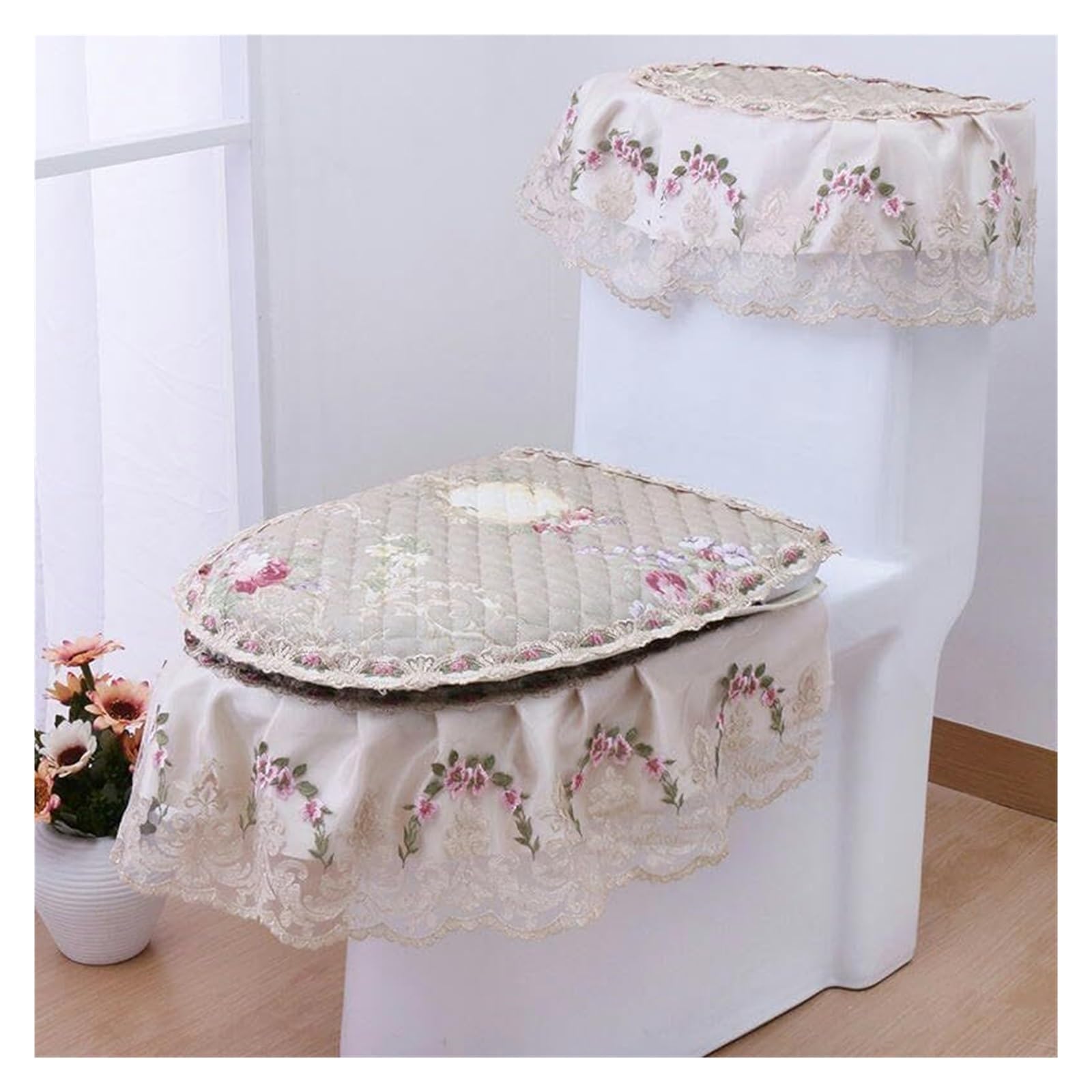 OPFdfhDFH Toilet seat covers, toilet seat cushion,Lace Chenille Velvet Toilet Lid Cover Set & Tank Covers Seat Cushion Pads Washable Bathroom(Beige)