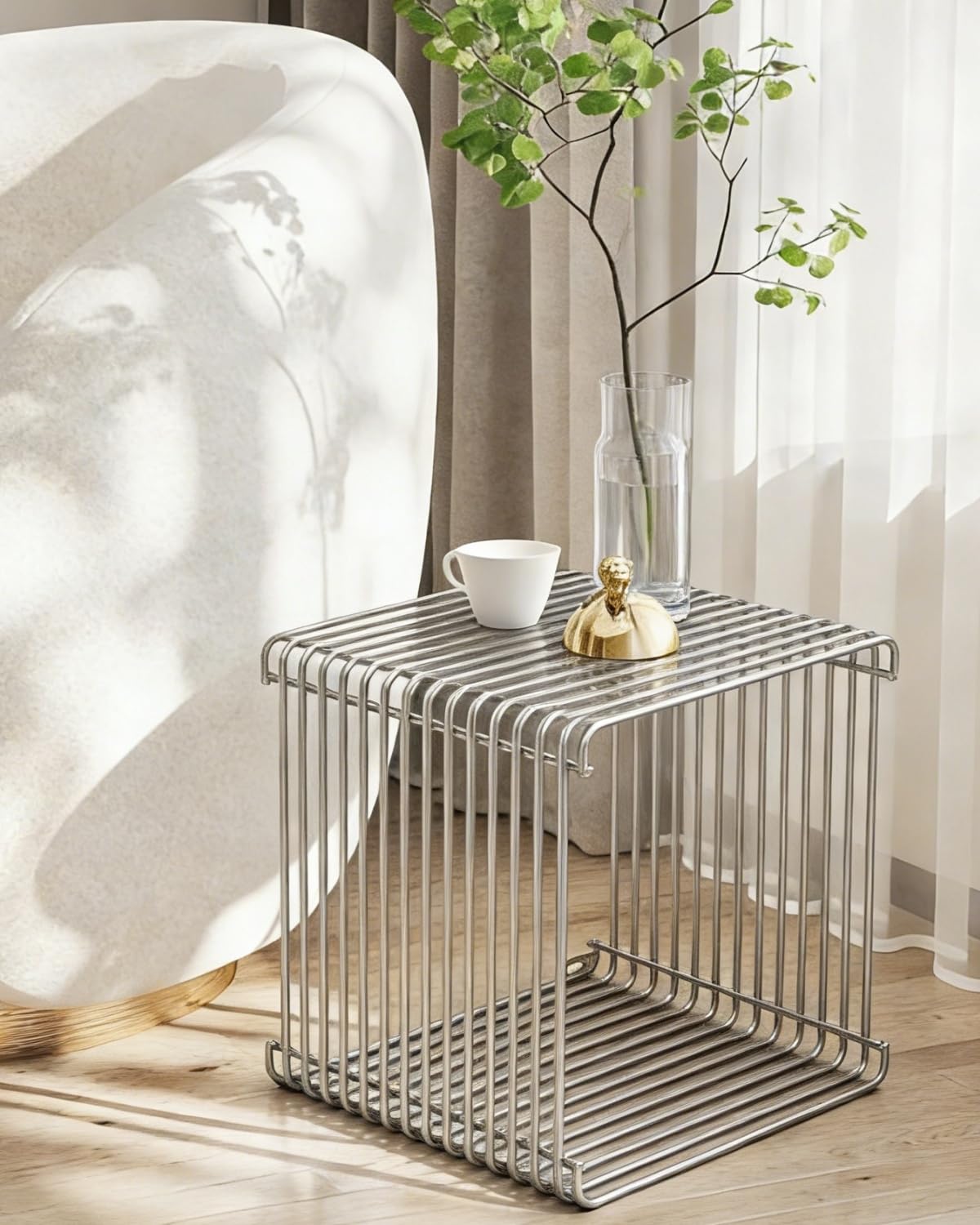 Square Metal Side Table, Small Silver End Table and Nightstand with Magazine Storage, Powder-Coated Iron with Stainless Steel-Inspired Look, Freestanding or Wall Mounted