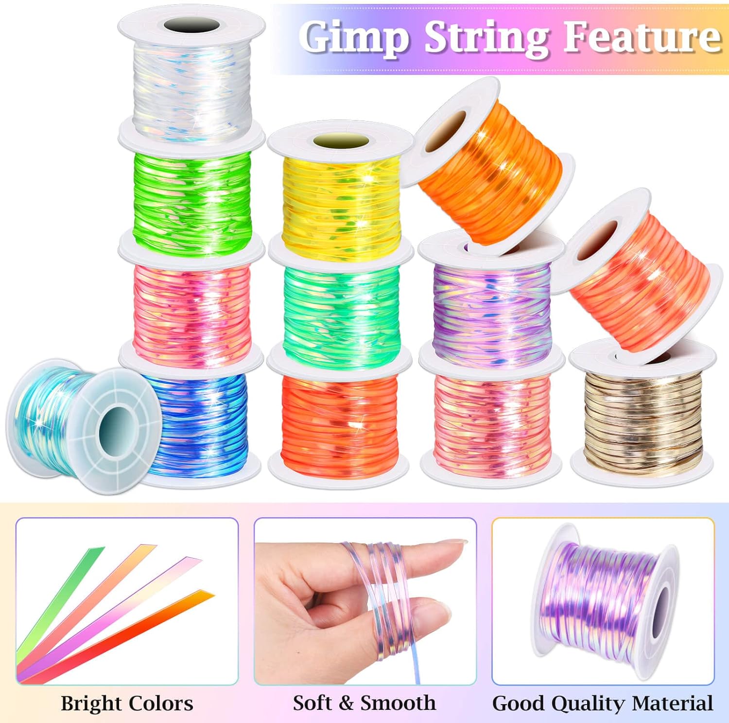Lanyard String Kit, Cridoz 15 Rolls Gimp String Plastic Lacing Cord with 50pcs Snap Clip Hooks, Keyrings and Lobster Clasps for Boondoggle Crafts, Bracelets and Lanyard Weaving (Laser Colors)