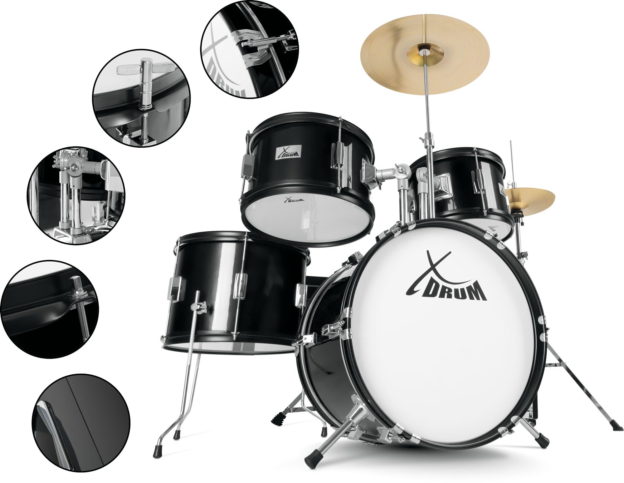 XDrum Junior Pro Kinder Schlagzeug Black - geeignet von 5-9 Jahren - Drumset mit komplettem Zubehör - inkl. Schule - Schwarz