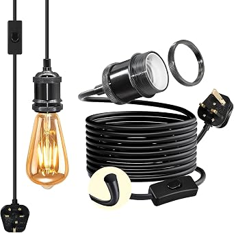 Vintage Brass Plug in Hanging Light Fixture, 5 M Pearl Black Pendant Light Fitting, Thicken Round Cable Hanging Lamp,Copper E27 Lamp Holder with Switch,Industrial Plug in Ceiling Lighting for Loft [Energy Class E]