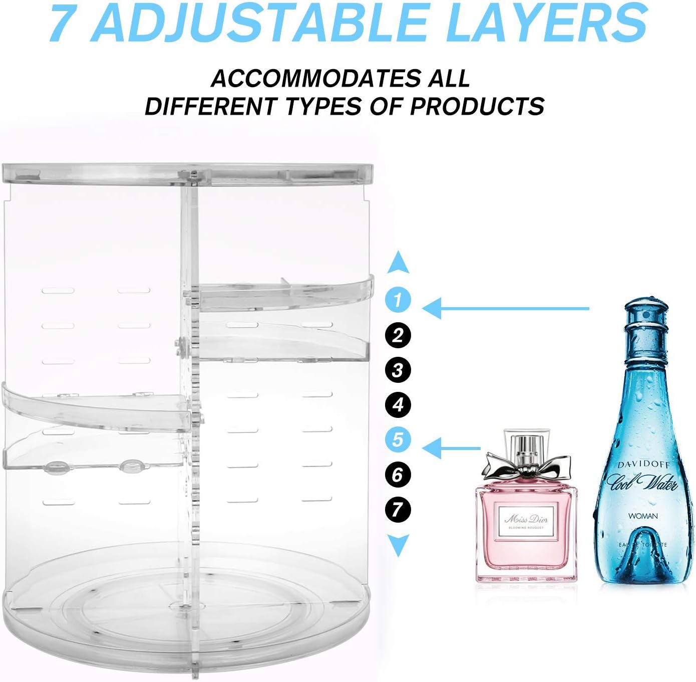 Illustration demonstrating the 7 adjustable layers of the sanipoe Rotating Makeup Organizer, showing how different height products can be accommodated.