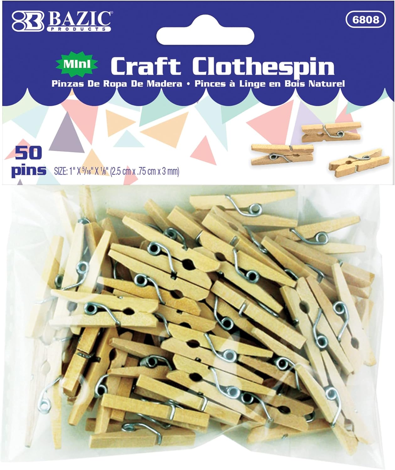 BAZIC Products Mini Clothespins, 50 Natural Wood Clothes Pins, 1 Inch