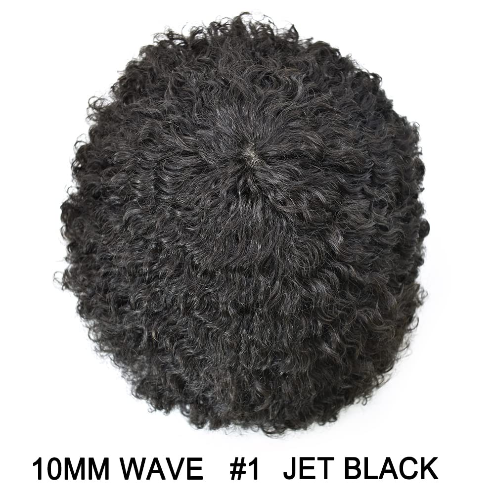 LYRICAL HAIR Hair System for Black Men Wave Curly Human Hair Uint African American Black Men Afro Toupee Full Poly Skin Injection Pu Wave Hair Pieces (10MM Afro Wave, 1# Jet Black)