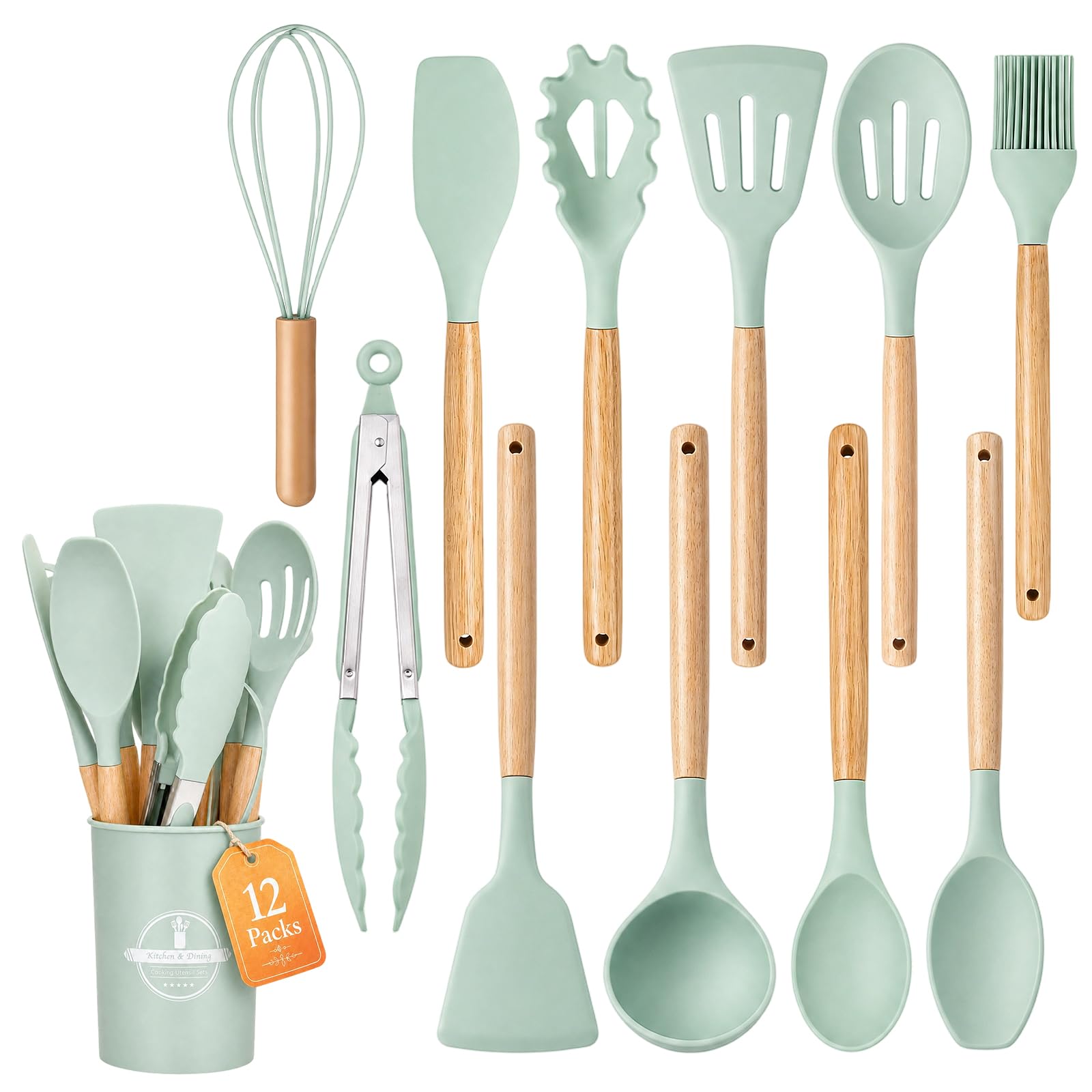 Bojury Silicone Kitchen Utensils Set, 12pcs Non Stick & Heat Resistant Cooking Set with Holder, Ladles, Spoons and Spatulas Set -Kitchen Tools & Accessories Green
