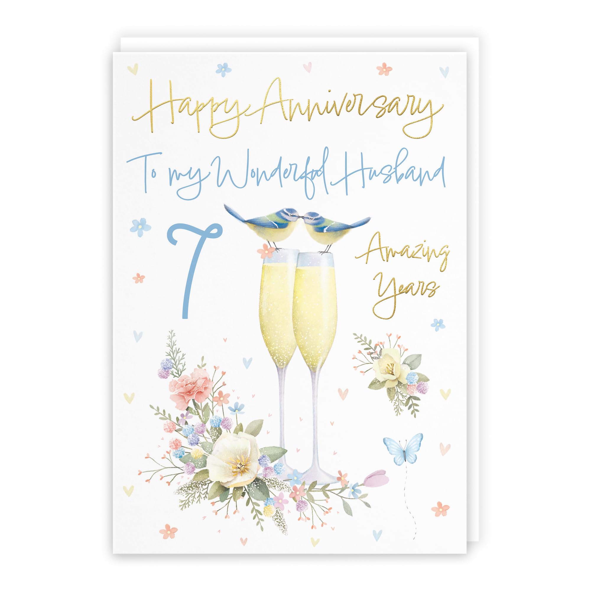 Hunts England - Husband 7th Anniversary Card - A5 Size - Champagne Flutes - Gold Foil - Luxury 7th Anniversary Card For Husband - Seven Years - 7th Anniversary - Milo's Gallery โ image 1