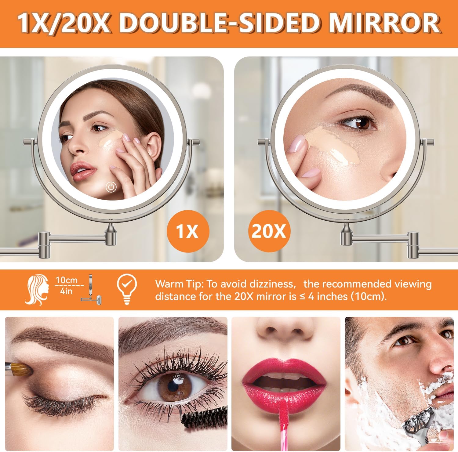 Auxmir 8'' Wall Mounted Lighted Makeup Mirror, 3200mAh Rechargeable Double-Sided 1X/20X Magnifying Mirror with Light, Touch Dimmable 3 Color Light, 360° Rotation Foldable Extended Arm, Nickel