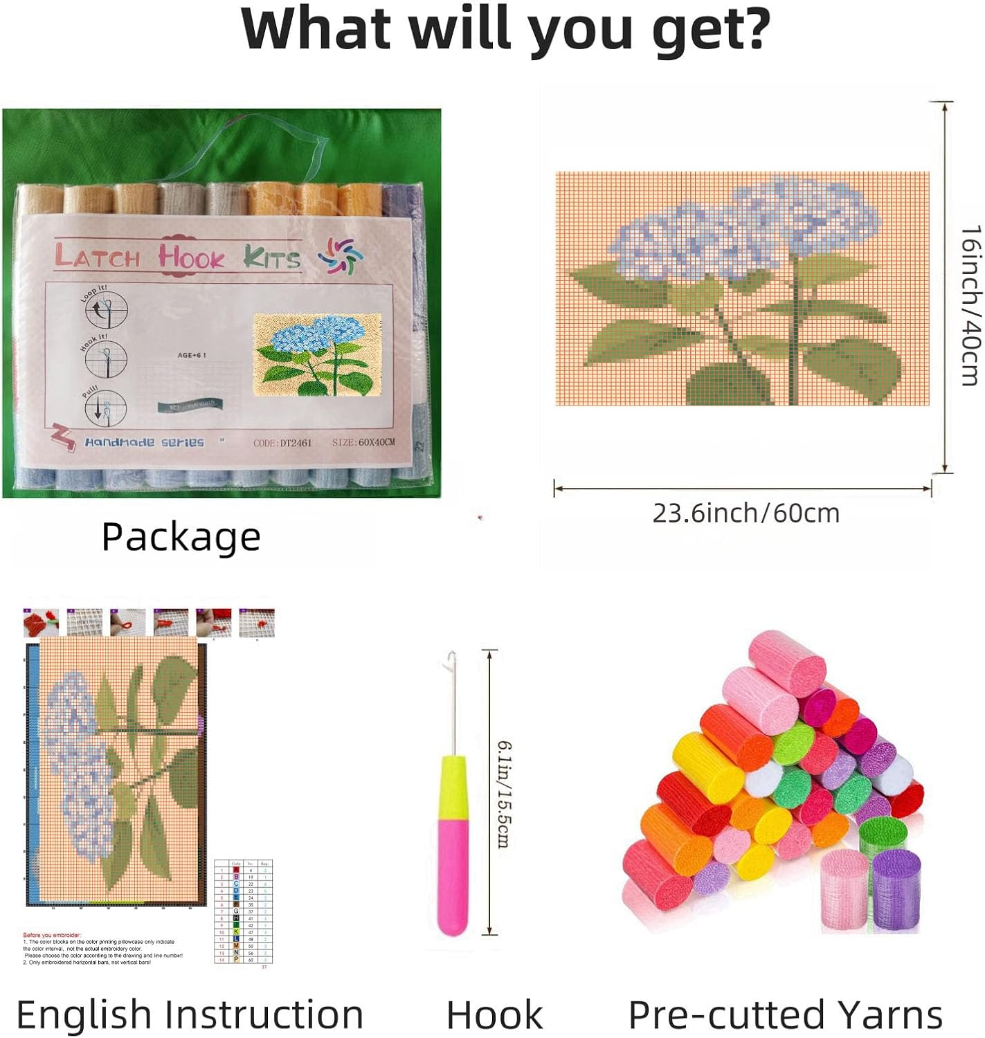 DIY Latch Hook Kit Rug for Adults Hydrangea Flowers Pre-Printed Handmade Carpet Crochet Yarn Craft Hook and Latch Door Mat Tapestry Home Floor Decor 60x40cm-2