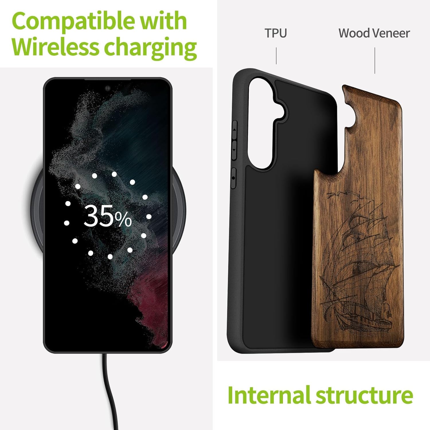 Carveit Wood Case for Galaxy S24 FE Case [Natural Wood & Black Soft TPU] Shockproof Protective Cover Unique Wooden Design Compatible with S24 FE (Pirate Ship-Walnut)