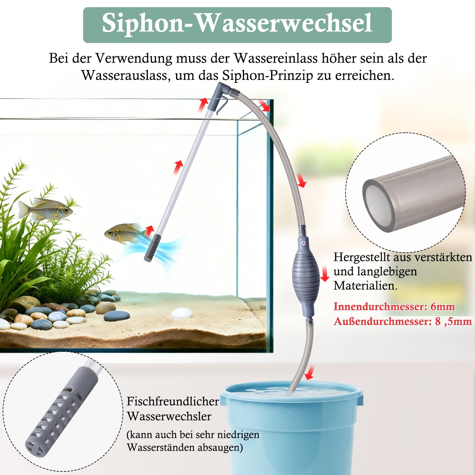FEDOUR 3-in-1 Aquarium Reiniger mit Vakuumfunktion, Verstellbarer Mulmsauger für Aquarium, Aquarium Kiesreiniger -Wasserwechsler und Sandwasch-Set mit Hand-Siphon-Schlauch und Verlängerungsrohr