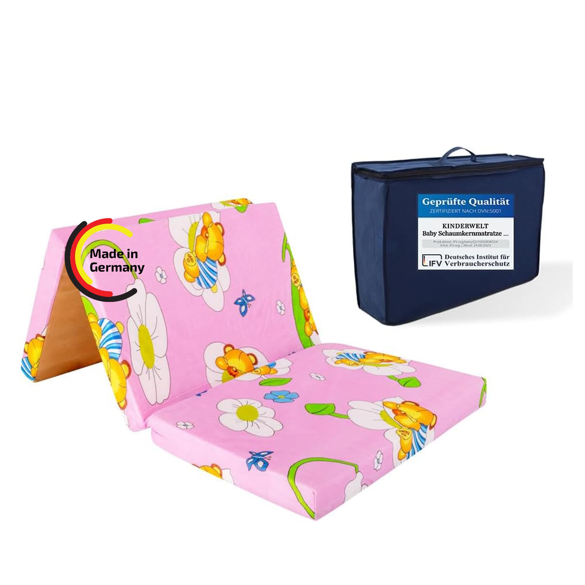 KiNDERWELT Reisebett Baby Reisematratze 120x60 cm, rosa, Klappmatratze Faltmatratze, Schaumstoff Matratze Kinder aus hochwertigem Kaltschaum, Made in Germany