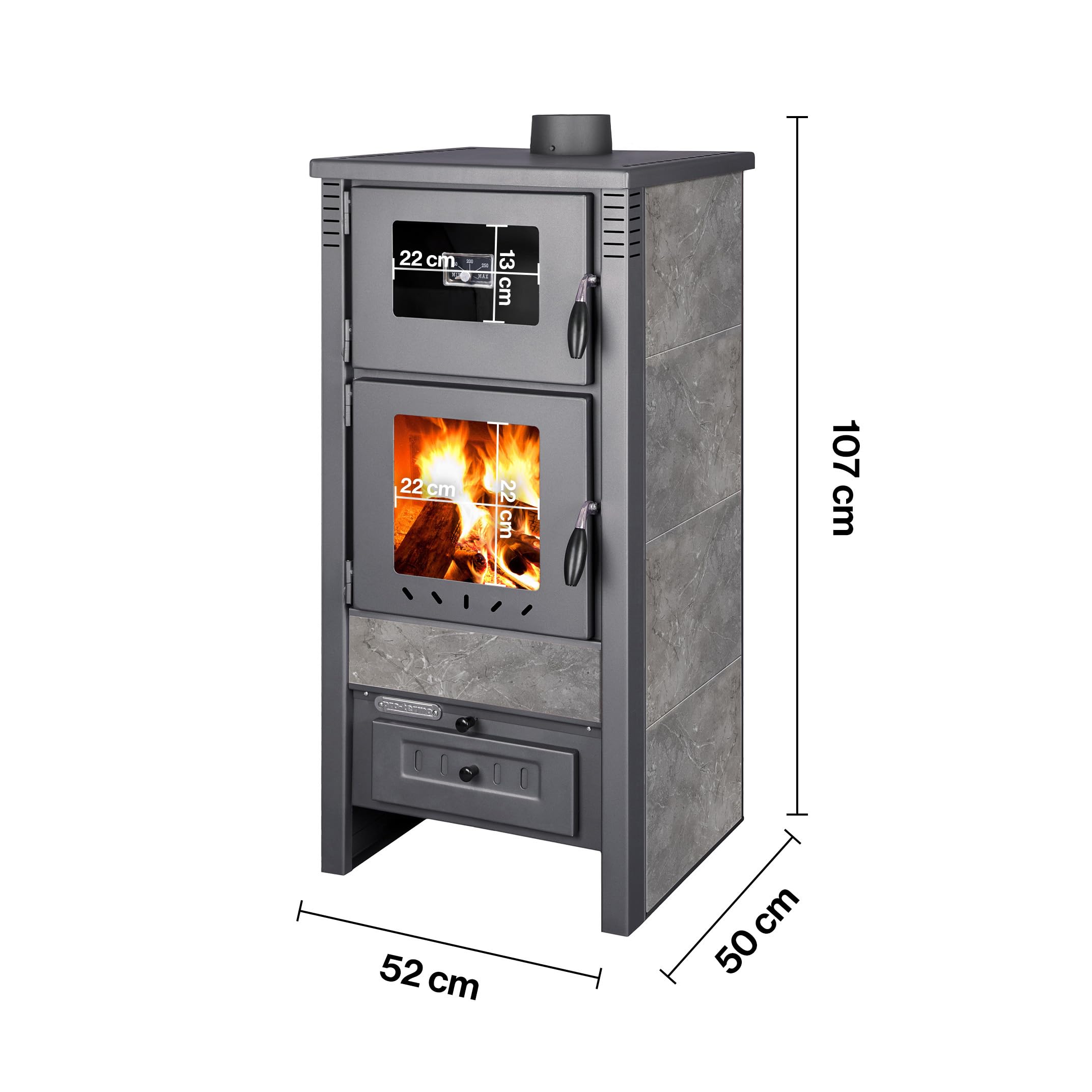 ProTermo Taurus Schwarz/Antrazit Kaminofen mit Backfach – 12kW Heizleistung - Holzofen mit Schamottstein Energieeffizienzklasse A 52 x 50 x 107cm 2 Sichtfenster