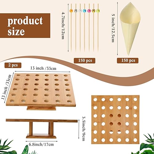 Miniatura 2 de 150 conos de madera desechables para alimentos con 36 agujeros, soporte de exhibición de cono de helado de bambú y 150 palitos de bambú coloridos