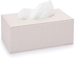 Sumnacon Beige Linen Rectangular Tissue Box Cover with Magnetic Bottom - Stylish Holder for Bathroom, Bedroom, Desk, Office