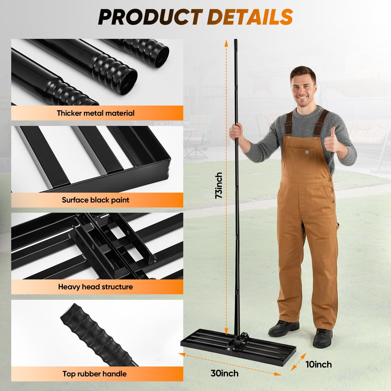 Saker Lawn Leveling Rake 30x10 Inch, Lawn Leveler Tool with 73-Inch Stainless Steel Handle, Heavy Duty Landscape Rake for Yard, Garden, Farm, and Golf Course - Black — view 4