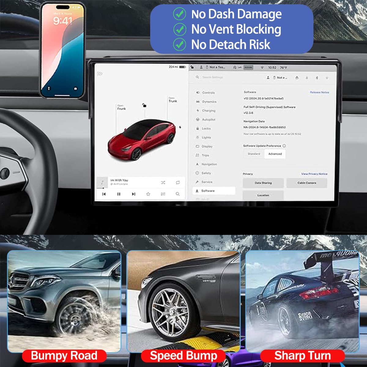 Magnetic Car Phone Holder for Tesla Model S/X 2021 2022 2023 2024 [Fit 17-Inch Screen] 360 Adjustable Cell Phone Mount for Magsafe Accessories
