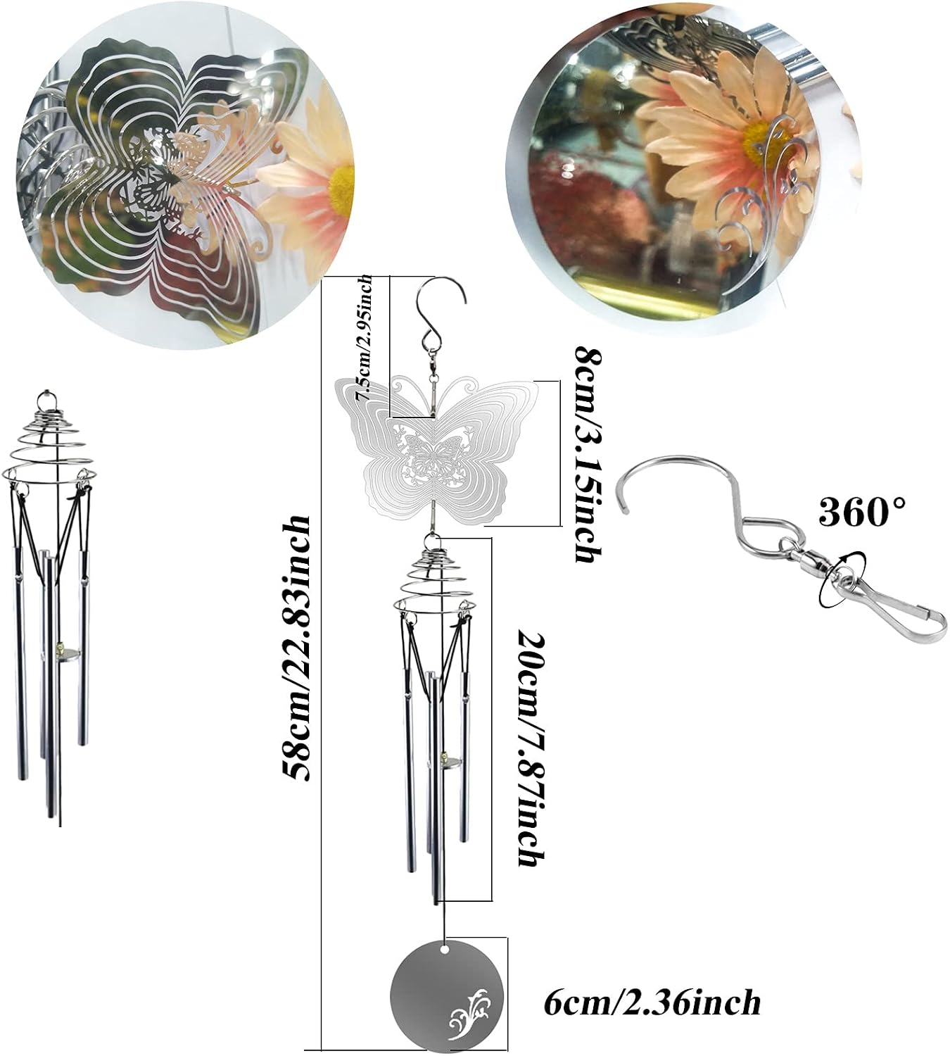 Butterfly Wind Chimes Outdoor/Indoor Decor with Wind Spinner 3D Metal Design Small Windchimes for Garden Patio Backyard Home Decor, with 1 Rotating Hanging S Hooks (Butterfly)
