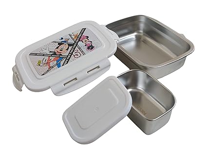 HOOM by HMI Mickey Mouse Licensed Stainless Steel Made Lunch Box with 304 Stainless Steel Made Snap Lid Subzi Container Inside, 600 ml