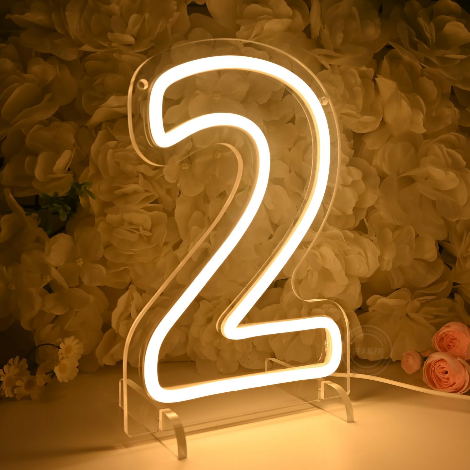 Planzo 2 Two Led Neon Sign Light 2th Two Years Old Birthday Baby Cave Backdrop Bedroom Desk Table Wall Sign Decor Banner Wedding Party Decor Gifts Hold Base USB 9.84"x6.7"